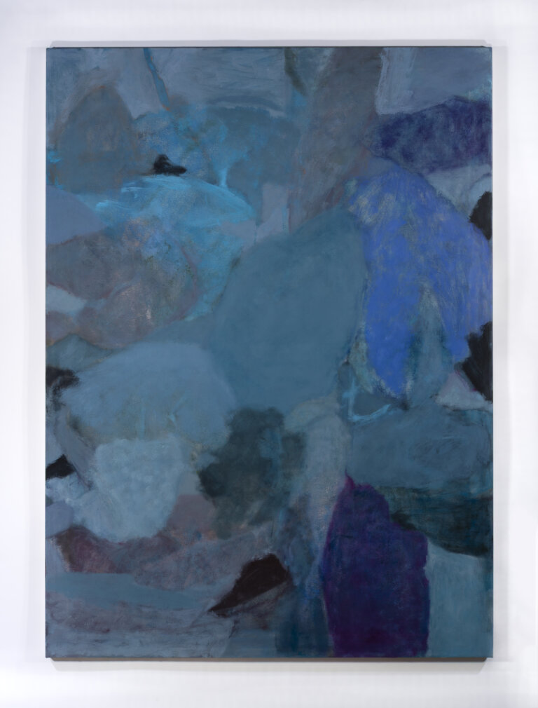 an abstract botanical piece made up of overlapping vaguely botanical elements like leaves and petals in shades of indigo, cobalt, powder blue, and undertones of violet