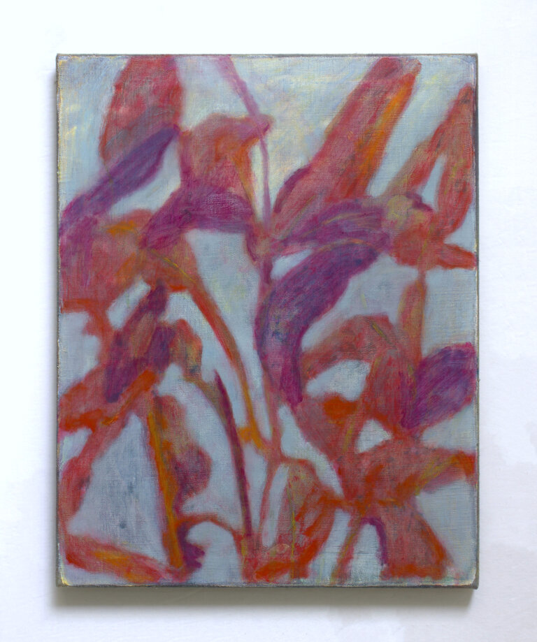 an abstract botanical piece made up of overlapping vaguely botanical elements like leaves and petals in pinks, reds, and magenta against a background of powder blue
