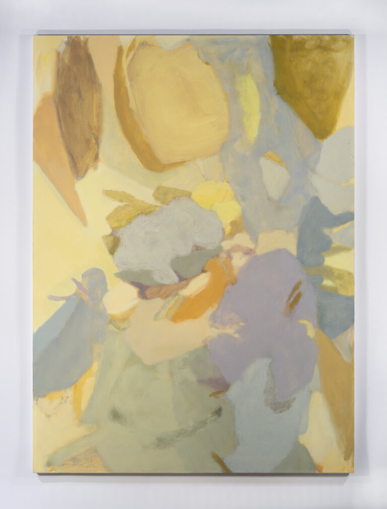 an abstract botanical piece in shades of taupe, pale yellow, gray, white, and peach. it is accented with gold and soft olive