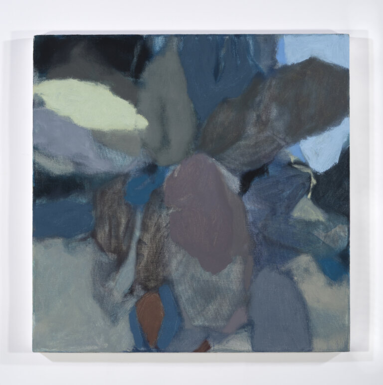 an abstract botanical piece made up of overlapping vaguely botanical elements like leaves and petals in shades of periwinkle, slate, aubergine, blue, and gray with accents of rust and electric blue.