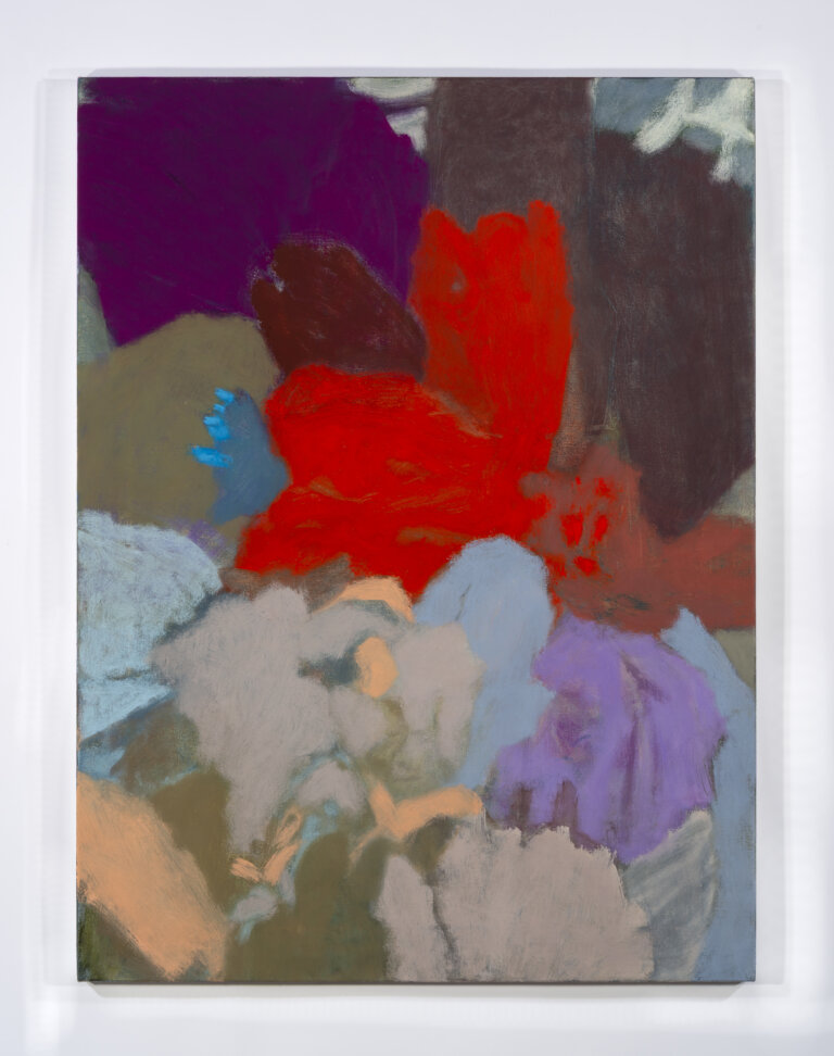 an abstract botanical piece made up of overlapping vaguely botanical elements like leaves and petals in shades of magenta, sky blue, aubergine, soft gray, and light blue. there is a large red floral shape in the center