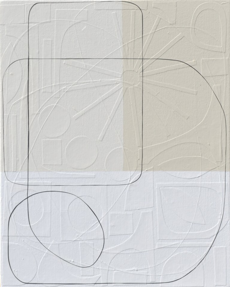 an abstract mixed media artwork with a soft peach tone on the top half and white on the bottom half. a thin strip of black paper moves through the composition, adding a sense of movement and direction. at first glance, the piece looks painted with clean lines and geometric shapes, but up close you can see that each line is actually made from hand-cut strips of paper layered onto the surface. the subtle texture and depth become more noticeable the longer you look.