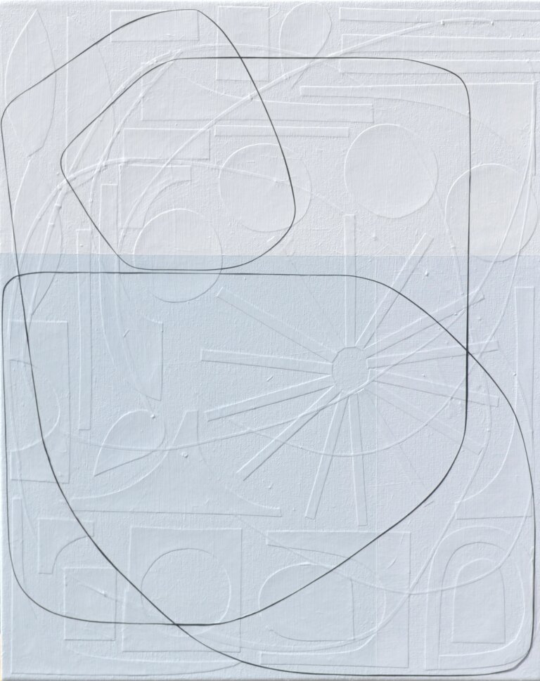 an abstract mixed media artwork with a soft blue-gray tone on the bottom half and white on the top half. a thin strip of black paper moves through the composition, adding a sense of movement and direction. at first glance, the piece looks painted with clean lines and geometric shapes, but up close you can see that each line is actually made from hand-cut strips of paper layered onto the surface. the subtle texture and depth become more noticeable the longer you look.