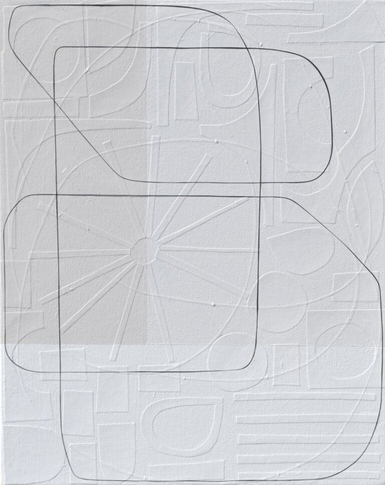 an abstract mixed media artwork with a soft taupe tone on the top half and white on the bottom half. a thin strip of black paper moves through the composition, adding a sense of movement and direction. at first glance, the piece looks painted with clean lines and geometric shapes, but up close you can see that each line is actually made from hand-cut strips of paper layered onto the surface. the subtle texture and depth become more noticeable the longer you look.