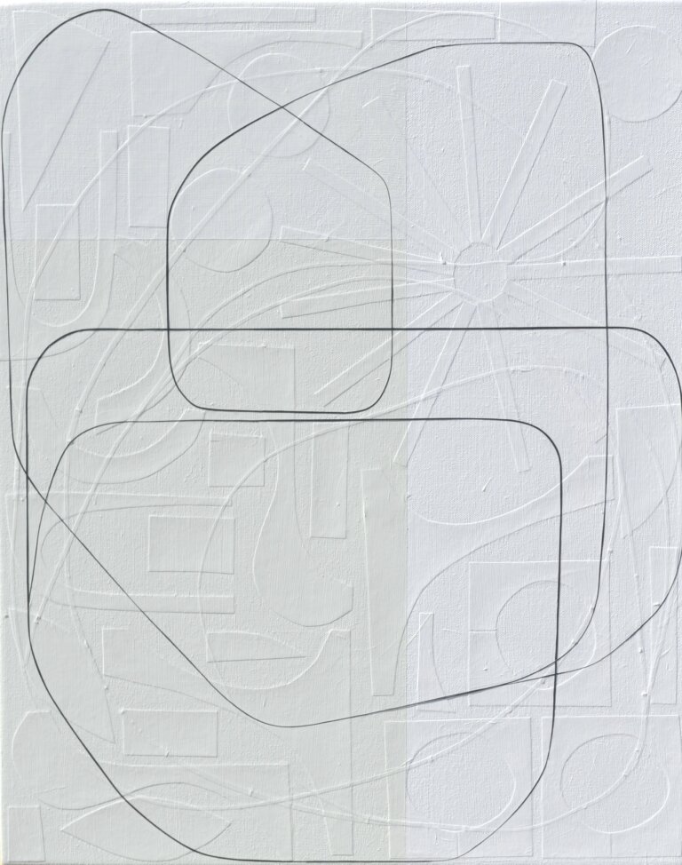 an abstract mixed media artwork with a soft pear tone on the left and white on the right. a thin strip of black paper moves through the composition, adding a sense of movement and direction. at first glance, the piece looks painted with clean lines and geometric shapes, but up close you can see that each line is actually made from hand-cut strips of paper layered onto the surface. the subtle texture and depth become more noticeable the longer you look.