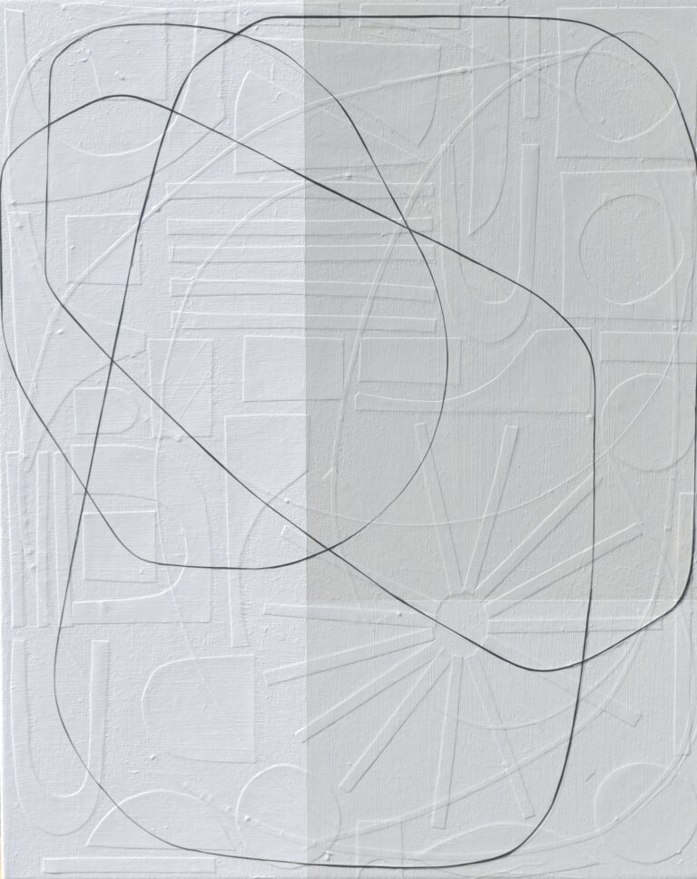 an abstract mixed media artwork with a soft taupe tone on the right and white on the left. a thin strip of black paper moves through the composition, adding a sense of movement and direction. at first glance, the piece looks painted with clean lines and geometric shapes, but up close you can see that each line is actually made from hand-cut strips of paper layered onto the surface. the subtle texture and depth become more noticeable the longer you look.