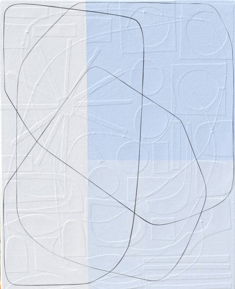 an abstract mixed media artwork with a soft blue tone on the right and white on the left. a thin strip of black paper moves through the composition, adding a sense of movement and direction. at first glance, the piece looks painted with clean lines and geometric shapes, but up close you can see that each line is actually made from hand-cut strips of paper layered onto the surface. the subtle texture and depth become more noticeable the longer you look.