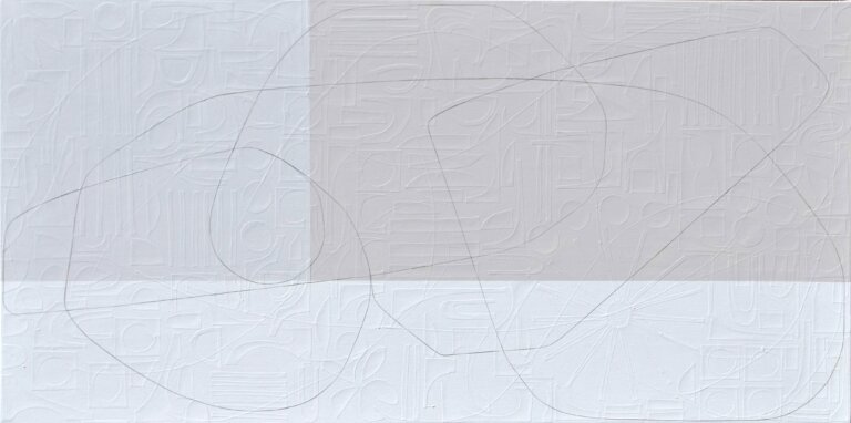 an abstract mixed media artwork with a pale mauve tone on the top half and white on the bottom half. a thin strip of gray paper moves through the composition, adding a sense of movement and direction. at first glance, the piece looks painted with clean lines and geometric shapes, but up close you can see that each line is actually made from hand-cut strips of paper layered onto the surface. the subtle texture and depth become more noticeable the longer you look.