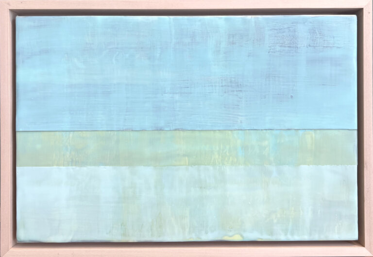 an abstract color block encaustic art piece with three horizontal color blocks. the top is pale aqua, the center is pale green and blue. the bottom is pale baby blue.