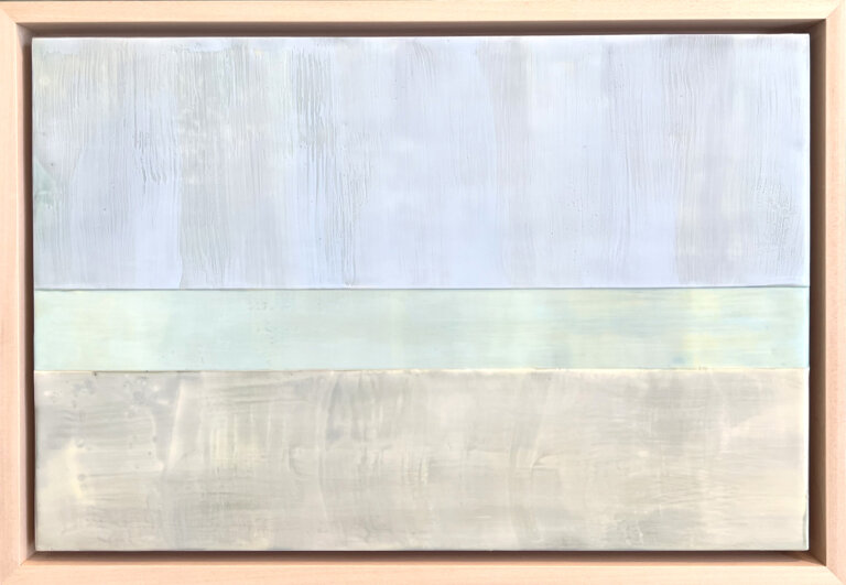 an abstract color block encaustic art piece with three horizontal color blocks. the top is periwinkle, the middle is pale mint, and the bottom is pale yellow