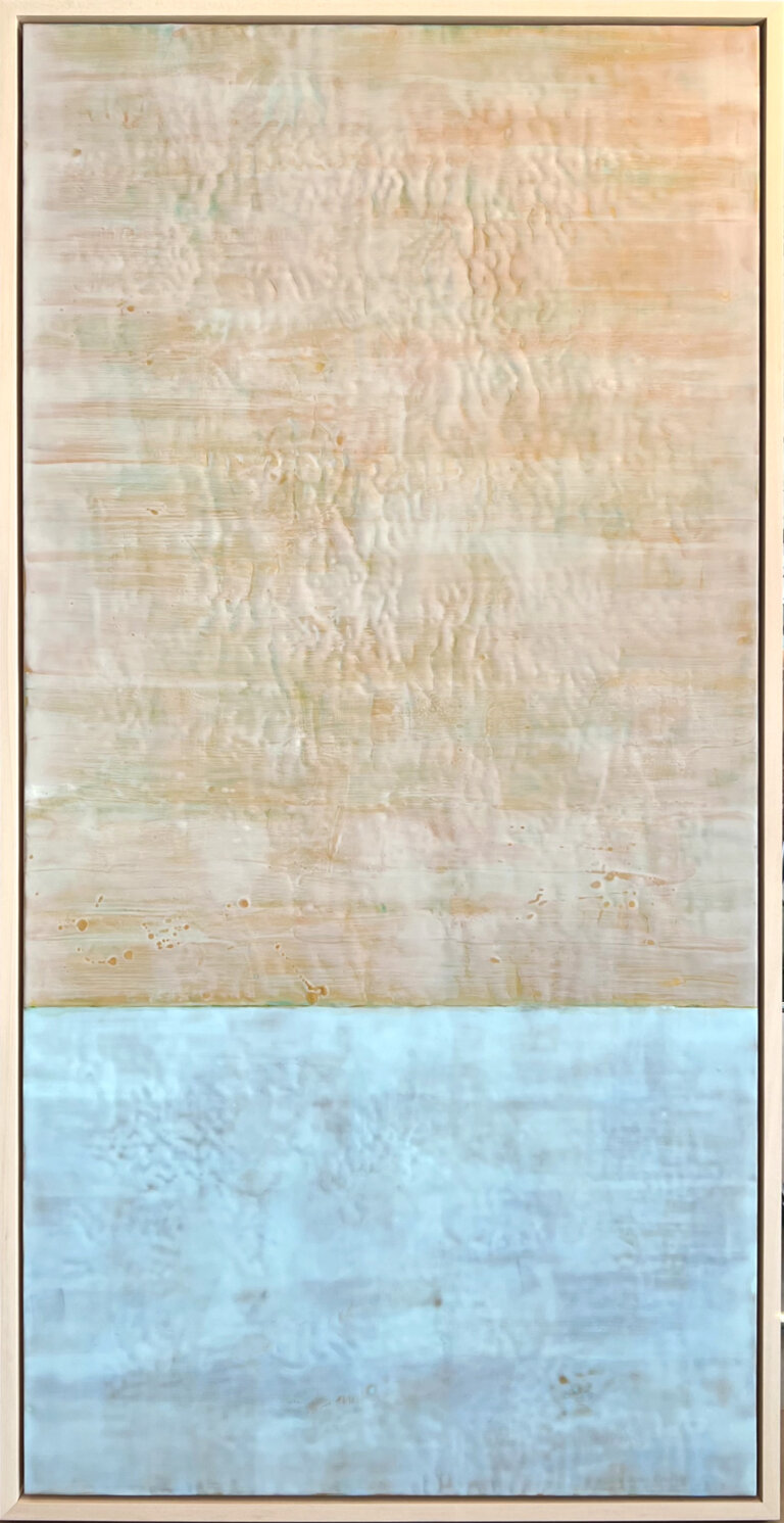 an abstract color block encaustic art piece with two horizontal color blocks. the top is a peachy orange color, and the bottom is a white and aqua