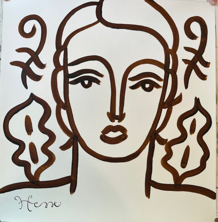 a portrait of a woman with a blank expression done in chocolate-colored ink on paper. she is surrounded by swirls and botanical patterns.