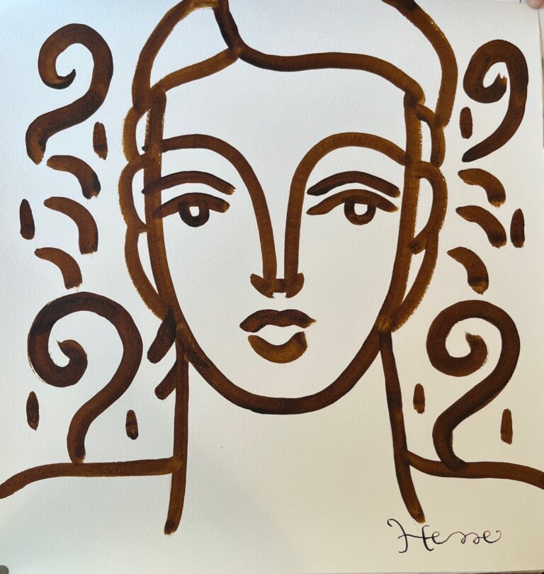 a portrait of a woman with a blank expression done in chocolate-colored ink on paper. she is surrounded by swirls and botanical patterns.