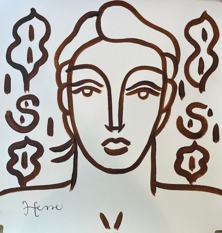 a portrait of a man with a blank expression done in chocolate-colored ink on paper. he is surrounded by swirls and botanical patterns.