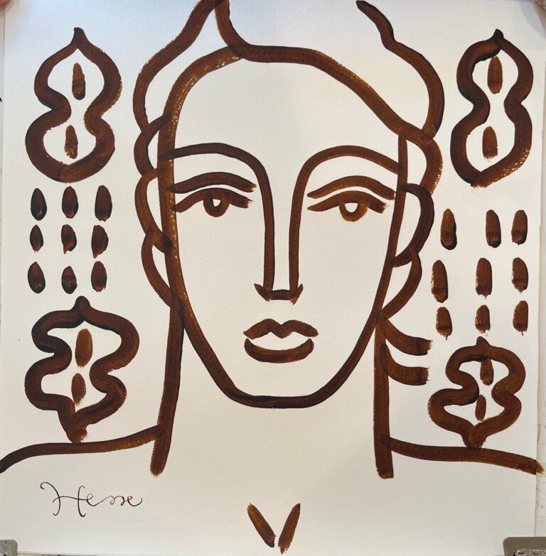 a portrait of a man with a blank expression done in chocolate-colored ink on paper. he is surrounded by swirls and botanical patterns.