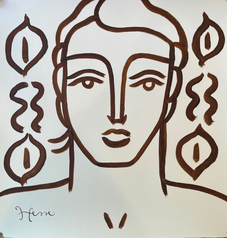 a portrait of a man with a blank expression done in chocolate-colored ink on paper. he is surrounded by swirls and botanical patterns.