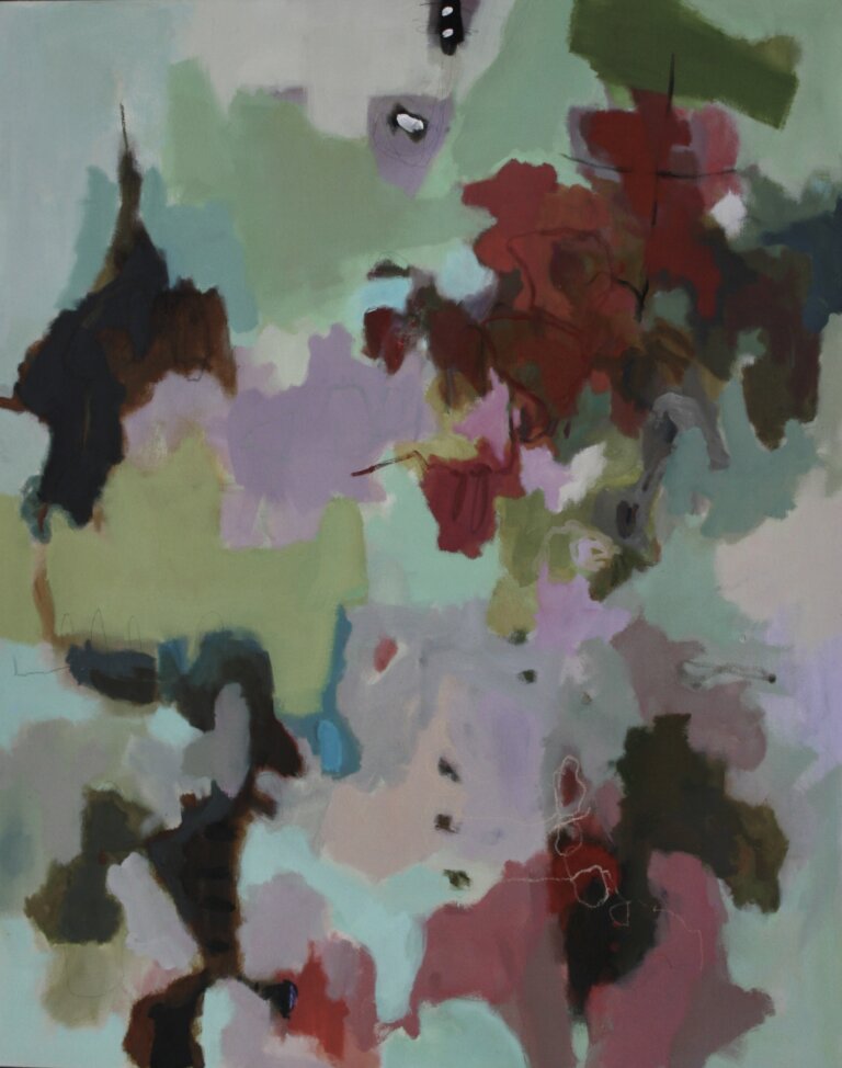 an abstract art piece with hazy overlapping shapes in shades of red, lilac, mint, celadon, rust, mauve, olive, and plum against a mostly light aqua background