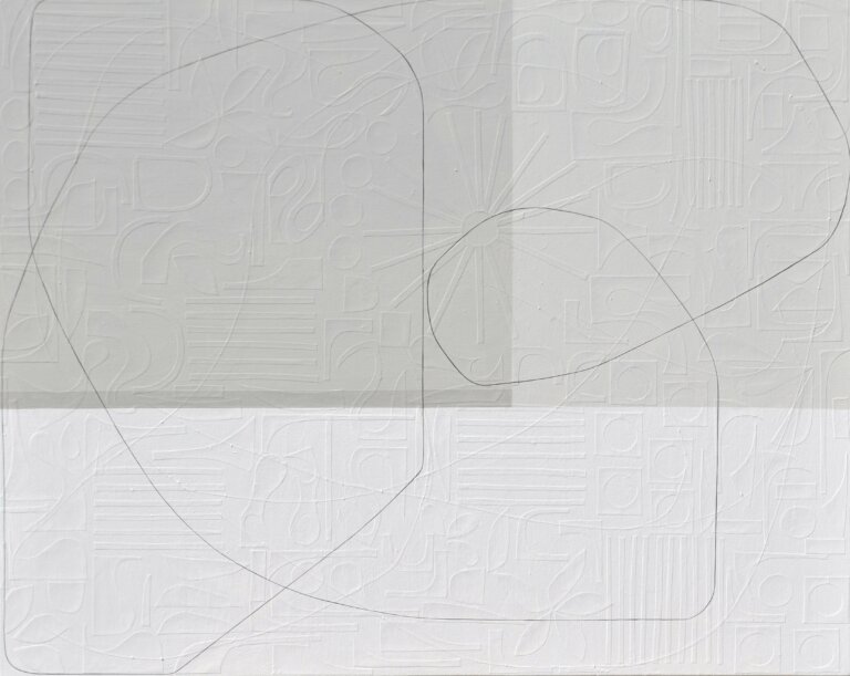 an abstract mixed media artwork with a soft taupe tone on the top half and white on the bottom half. a thin strip of gray paper moves through the composition, adding a sense of movement and direction. at first glance, the piece looks painted with clean lines and geometric shapes, but up close you can see that each line is actually made from hand-cut strips of paper layered onto the surface. the subtle texture and depth become more noticeable the longer you look.