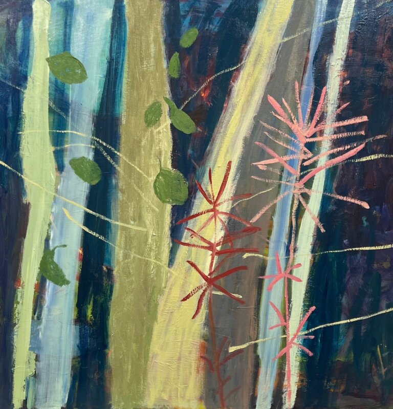 an abstract botanical piece with vertical stripes of color in indigo, chartreuse, soft green, and powder blue, there are a couple burst of pink and red in the foreground, along with some green leaves