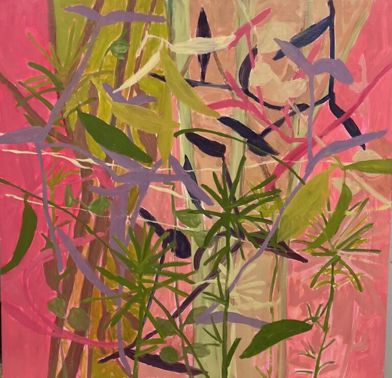 an abstract botanical piece with a bright pink background. the foreground has a tangle of plants in different colors. there are purple leafy plants, green stems, and pink leaves.
