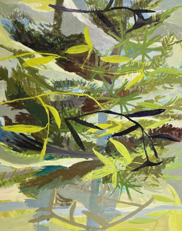 an abstract botanical piece with a pastel green, blue, and gray. there are layered branches of foliage and leaves in different shades of green and brown.