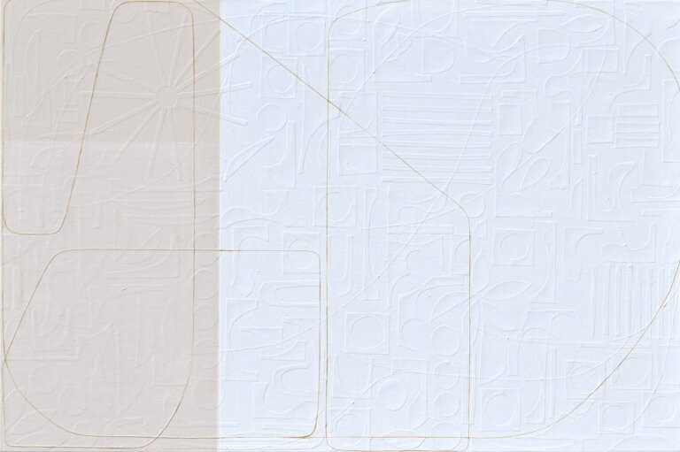 an abstract mixed media artwork with a soft peach tone on the left and white on the right. a thin strip of tangerine paper moves through the composition, adding a sense of movement and direction. at first glance, the piece looks painted with clean lines and geometric shapes, but up close you can see that each line is actually made from hand-cut strips of paper layered onto the surface. the subtle texture and depth become more noticeable the longer you look.