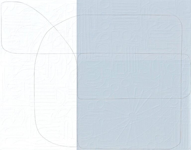 an abstract mixed media artwork with a soft blue-gray tone on the right and white on the left. a thin strip of gray paper moves through the composition, adding a sense of movement and direction. at first glance, the piece looks painted with clean lines and geometric shapes, but up close you can see that each line is actually made from hand-cut strips of paper layered onto the surface. the subtle texture and depth become more noticeable the longer you look.