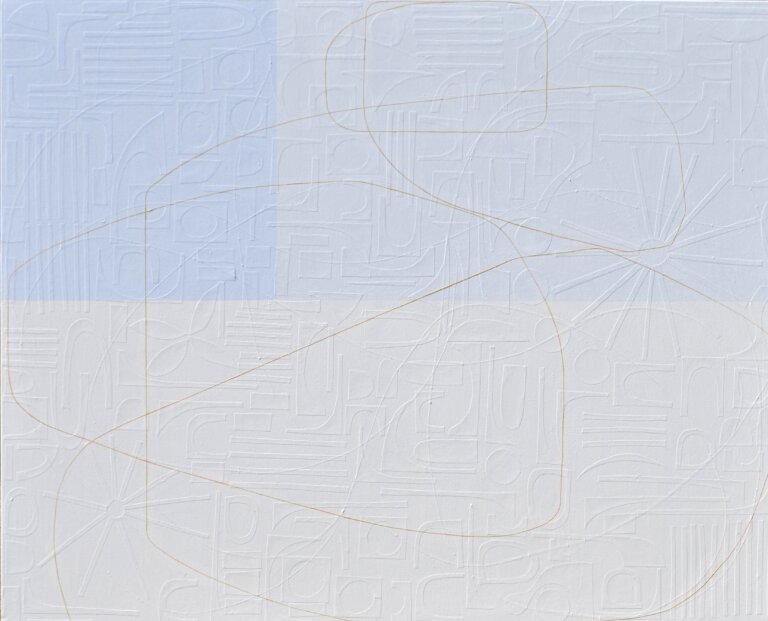 an abstract mixed media artwork with a soft blue tone on the top half and white on the bottom half. a thin strip of tangerine paper moves through the composition, adding a sense of movement and direction. at first glance, the piece looks painted with clean lines and geometric shapes, but up close you can see that each line is actually made from hand-cut strips of paper layered onto the surface. the subtle texture and depth become more noticeable the longer you look.