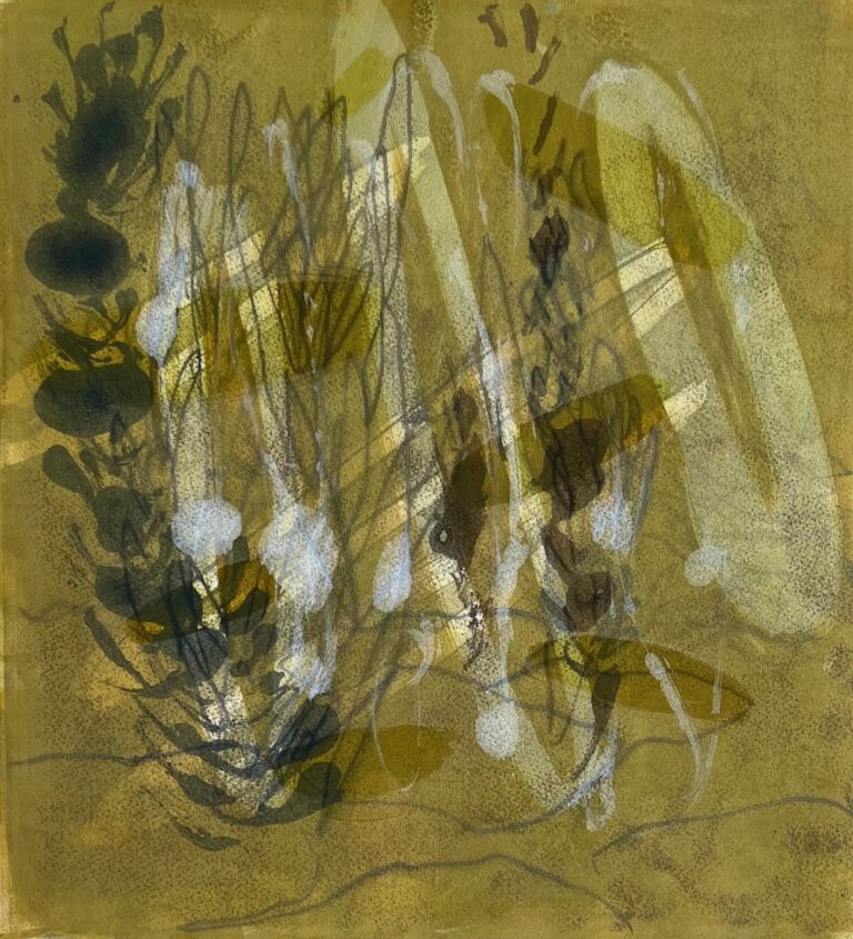 an abstract art piece with roughly botanical overlapping shapes in greens, olive, gold, and white with burnt umber accents