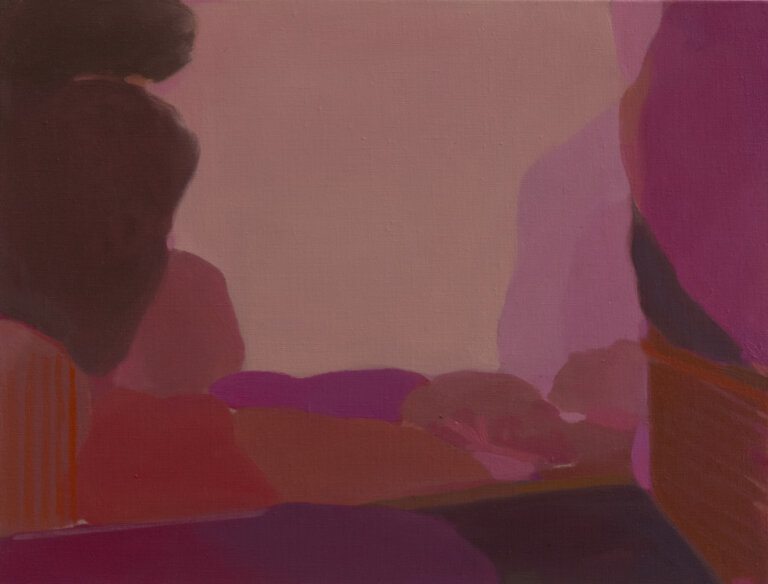 a landscape with in pinks, reds, deep purple, mauve, and rust. the landscape has trees and shrubbery scattered along the hills