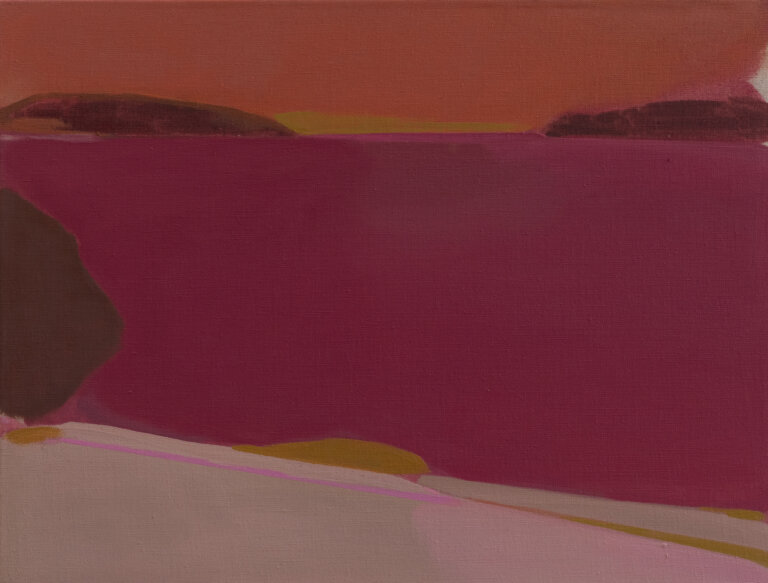 a landscape with in pinks, reds, deep purple, mauve, and rust. the landscape has a large body of water in deep pink under a soft orange sky