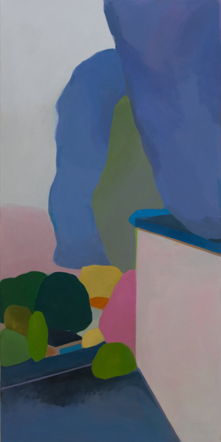 an abstract landscape with a pale pink wall and large blue trees by it. there are other green and pink and yellow trees in the distance under a pale gray sky.