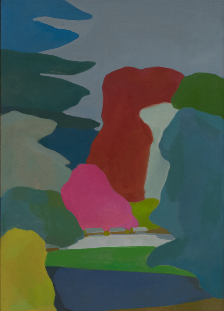 an abstract landscape with trees of many different colors, including gray blue, lime, green, red, pink, and gray. the sky above is a lighter gray blue.