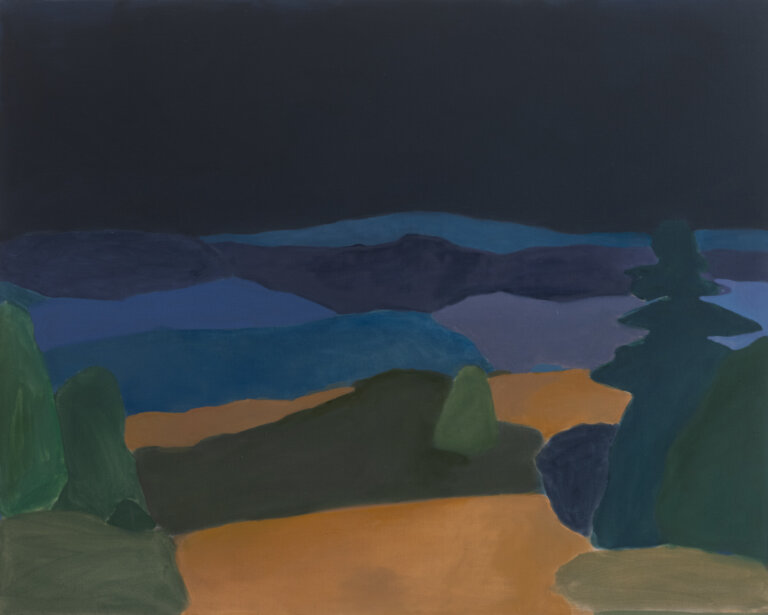 an abstract night scene with a dark sky and mountains. the mountains are deep purple, navy, and indigo. the foreground has sandy hills in a tawny shade with green and blue foliage scattered around.