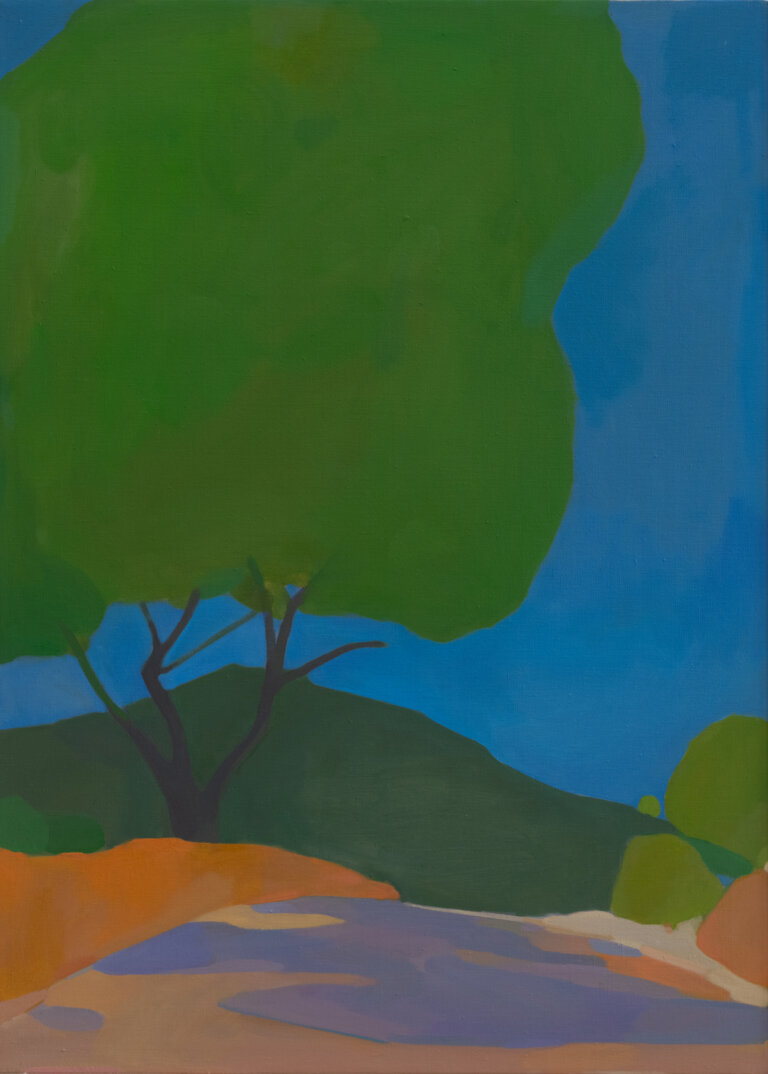 an abstract landscape with a large green tree on a tan hill with a green mountain in the distance under a bright blue sky. there are scattered bushes in the foreground in shades of green and tawny
