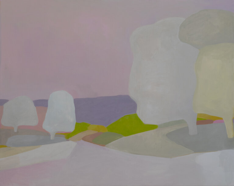 a soft landscape in shades of dove, lilac, lime, pale pink, and pale yellow. there are rolling hills with trees and shrubbery scattered in front
