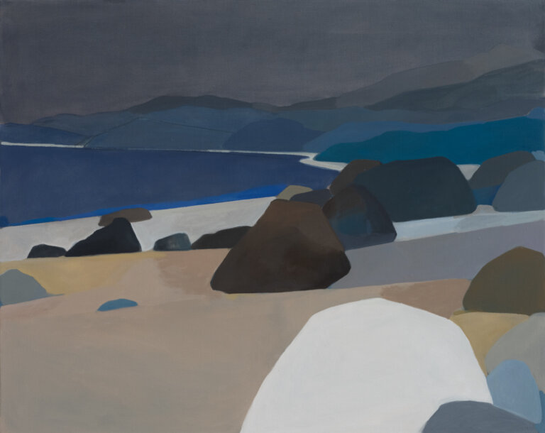 a landscape with a body of water surrounded by low hills and large boulders. the scene is painted in varying shades of blue, gray, and tan, with white accents. the sky is painted a moody gray that gives the appearance of a storm rolling in