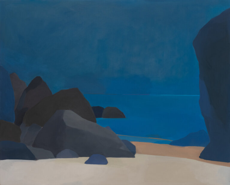 an abstract landscape with a body of water surrounded by large gray stones and a sandy pale gray beach