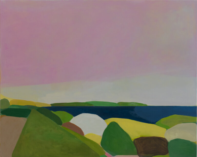 a body of water in indigo surrounded by greenery under a soft pink sky. the greenery has accents of yellow and brown