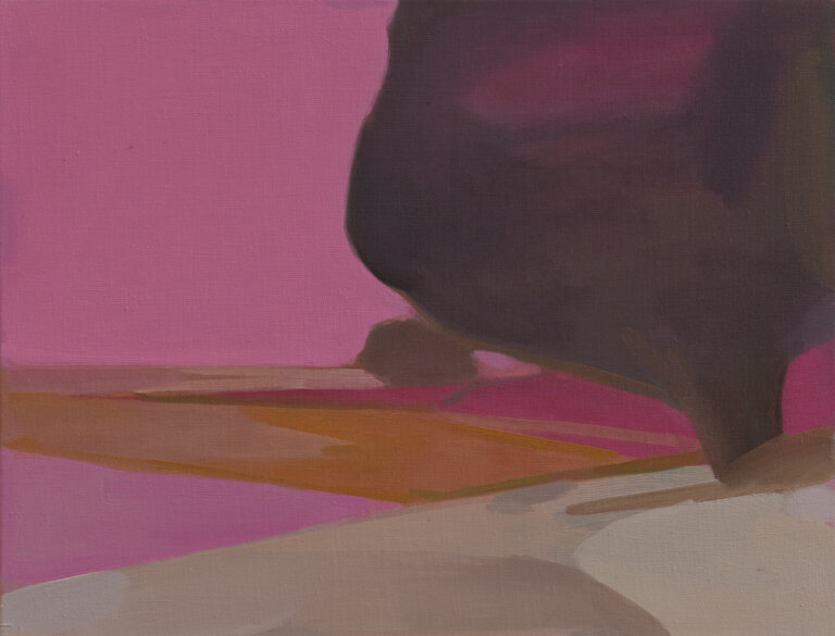 a landscape showing a small inlet with land sloping up towards small hills. there is a large tree painted in a burnt umber. the sky and water are both painted bright shades of pink. the whole painting is washed in pink light