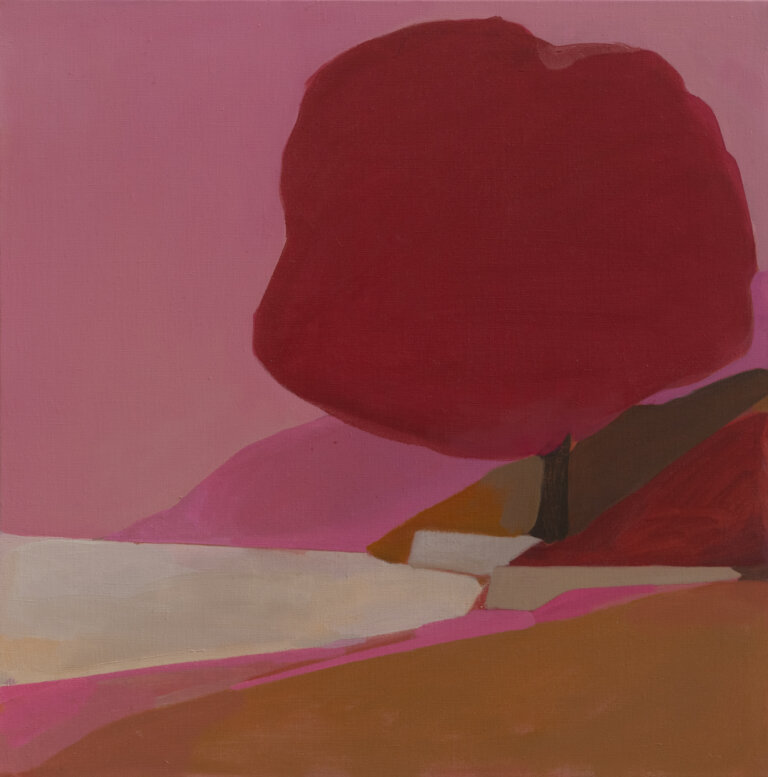a landscape showing a small inlet with land sloping up towards small hills. there is a large tree painted in a dusty red. the sky and water are both painted bright shades of pink. the whole painting is washed in pink light