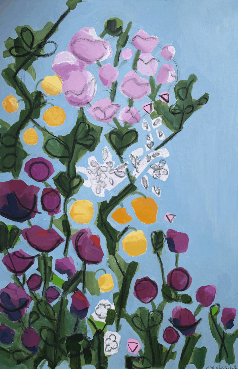 an art piece with several green stems and different flowers in shades of pink, magenta, orange, yellow, and white against a sky blue background.