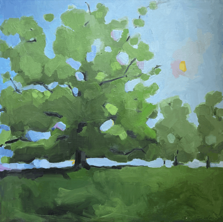 a landscape of three fluffy green trees standing on green grass against a blue sky with a small yellow sun