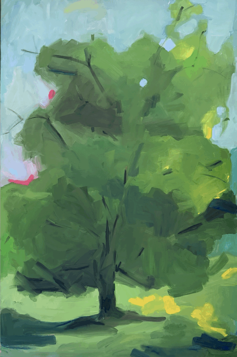 a landscape of a leafy green tree standing on green grass against an aqua blue sky.