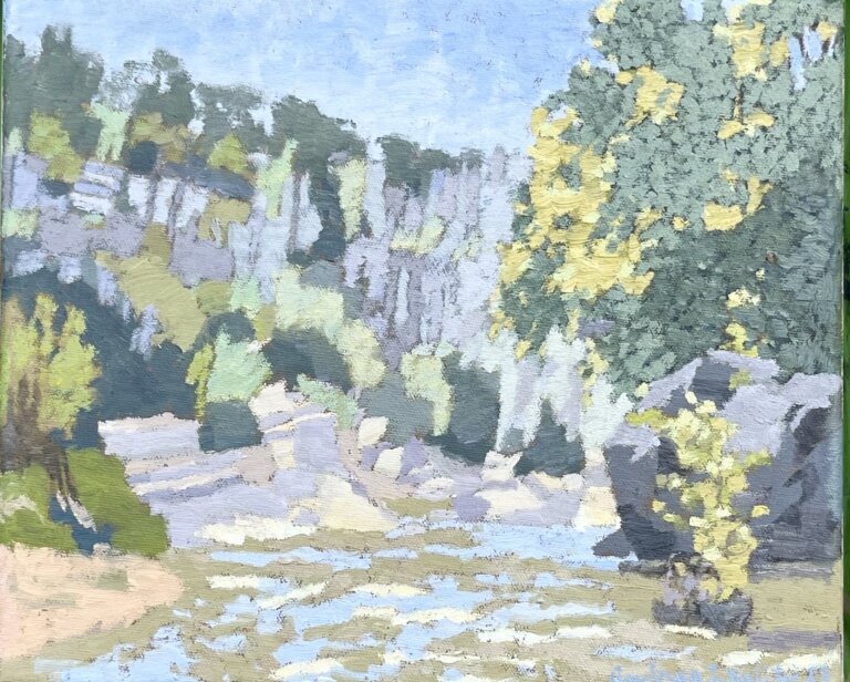 this painting depicts a serene natural landscape with rocky cliffs, trees with green and yellow foliage, and a river or stream flowing through the foreground. the artist uses broad, textured brushstrokes and soft pastel tones of green, blue, and beige to create a calm, impressionistic atmosphere. the sky above is clear and pale blue, enhancing the peaceful feel of the scene.