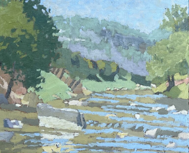 this painting depicts a tranquil river scene surrounded by green trees and sloping hills under a bright blue sky. the water reflects soft tones of blue and brown, suggesting gentle movement over rocks. the artist uses broad, layered brushstrokes and muted colors to create a calm, impressionistic landscape.