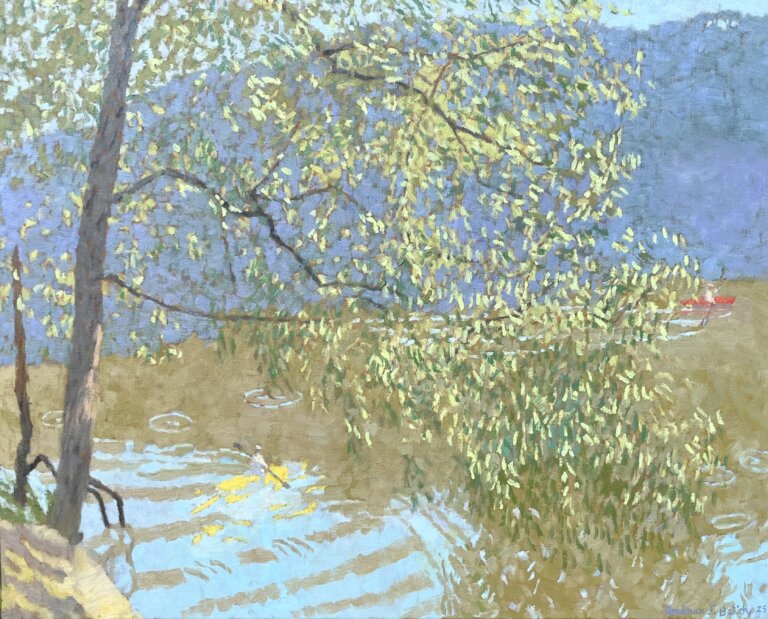 this painting depicts a tree on a river bank that arches over the water. there is a blue landmass in the distance beyond the water. there are two kayakers on the river, one in a red kayak and one in a yellow kayak.