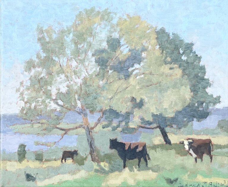 a painting of a trees by a body of water under a blue sky. there are three cows, two adult and one baby, under the shade of the trees.