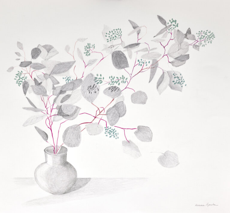 a graphite and colored pencil still life of a small round vase on a table with a eucalyptus branch in it. the stem of the eucalyptus is magenta, and the leaves are soft gray with accents of smaller leaves in green.