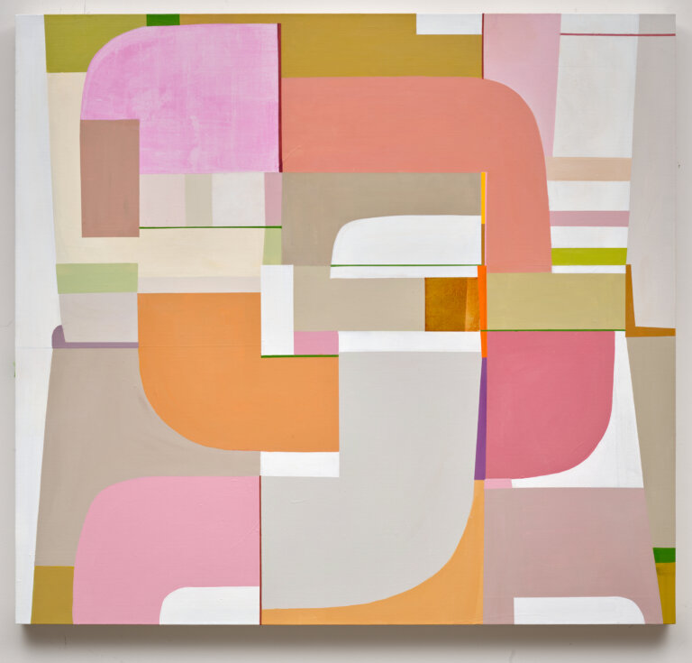 an abstract painting of several geometric shapes overlapping and interlocking in no specific pattern or form. the shapes are in shades of tangerine, peach, lime, chartreuse, bubblegum pink, white, mauve, and dove